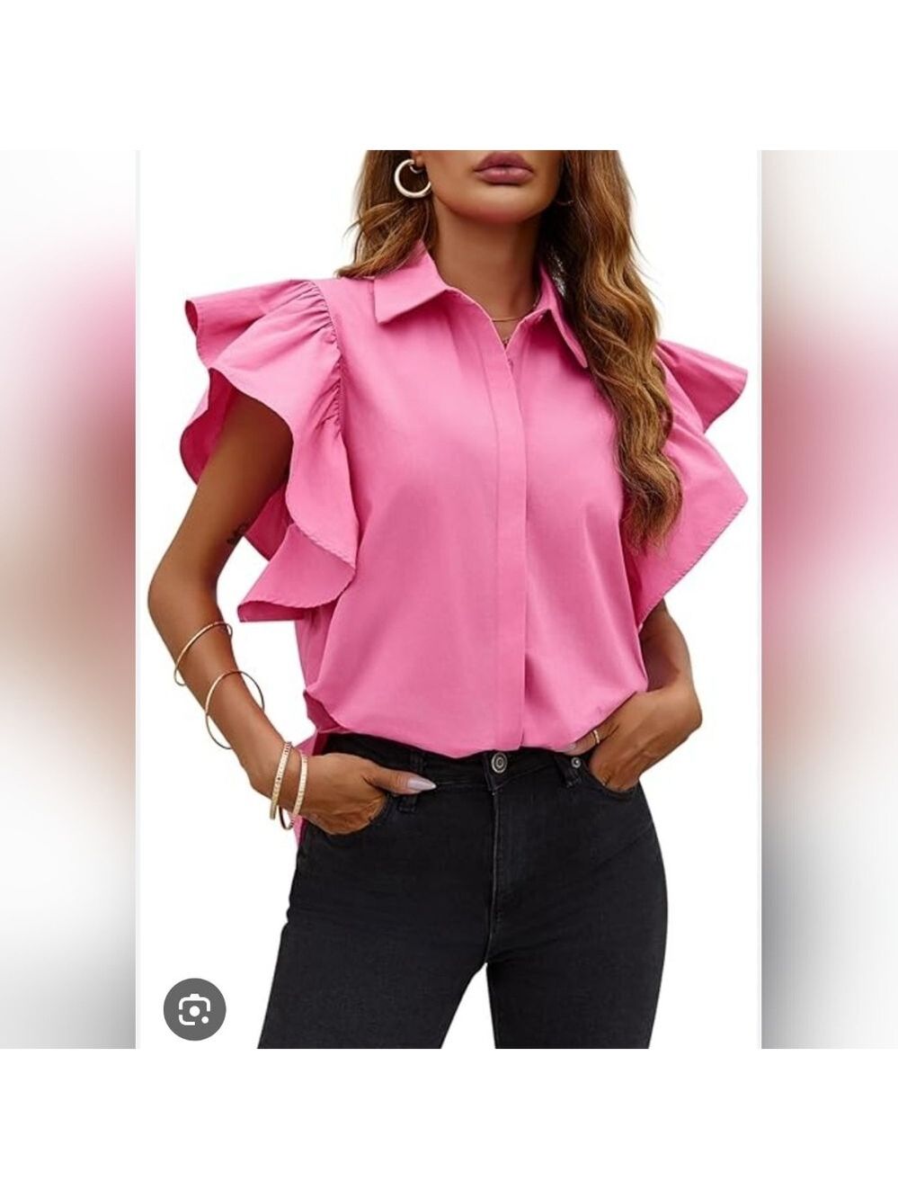 Women's Pink Ruffle Short Sleeve Collared Button-Down Shirt | Relax Fit